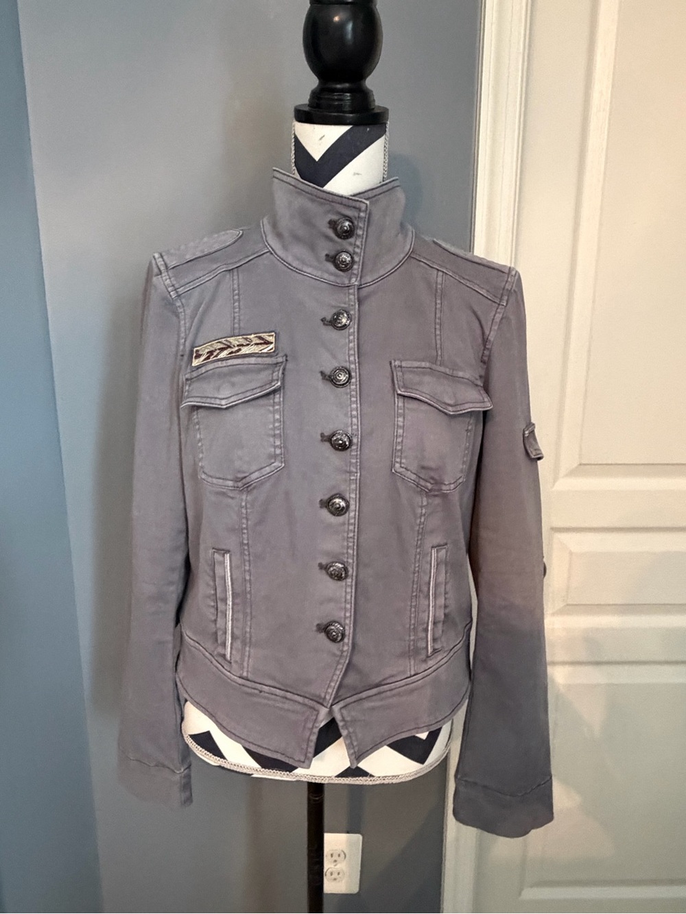 White House Black Market Gray Military-Style Button Jacket - Picture 2 of 6